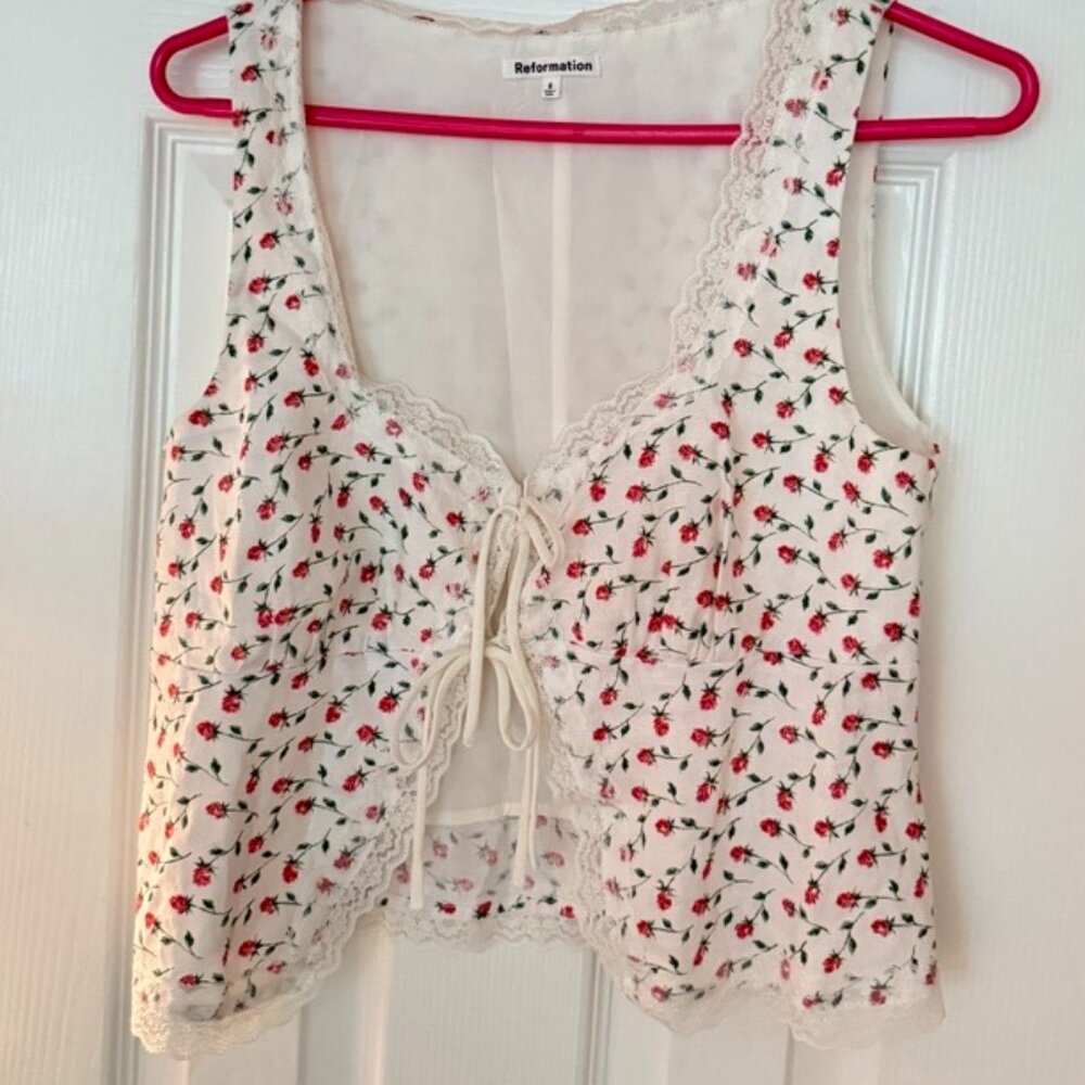 Reformation m Floral Tie-Front Boho Linen Tank